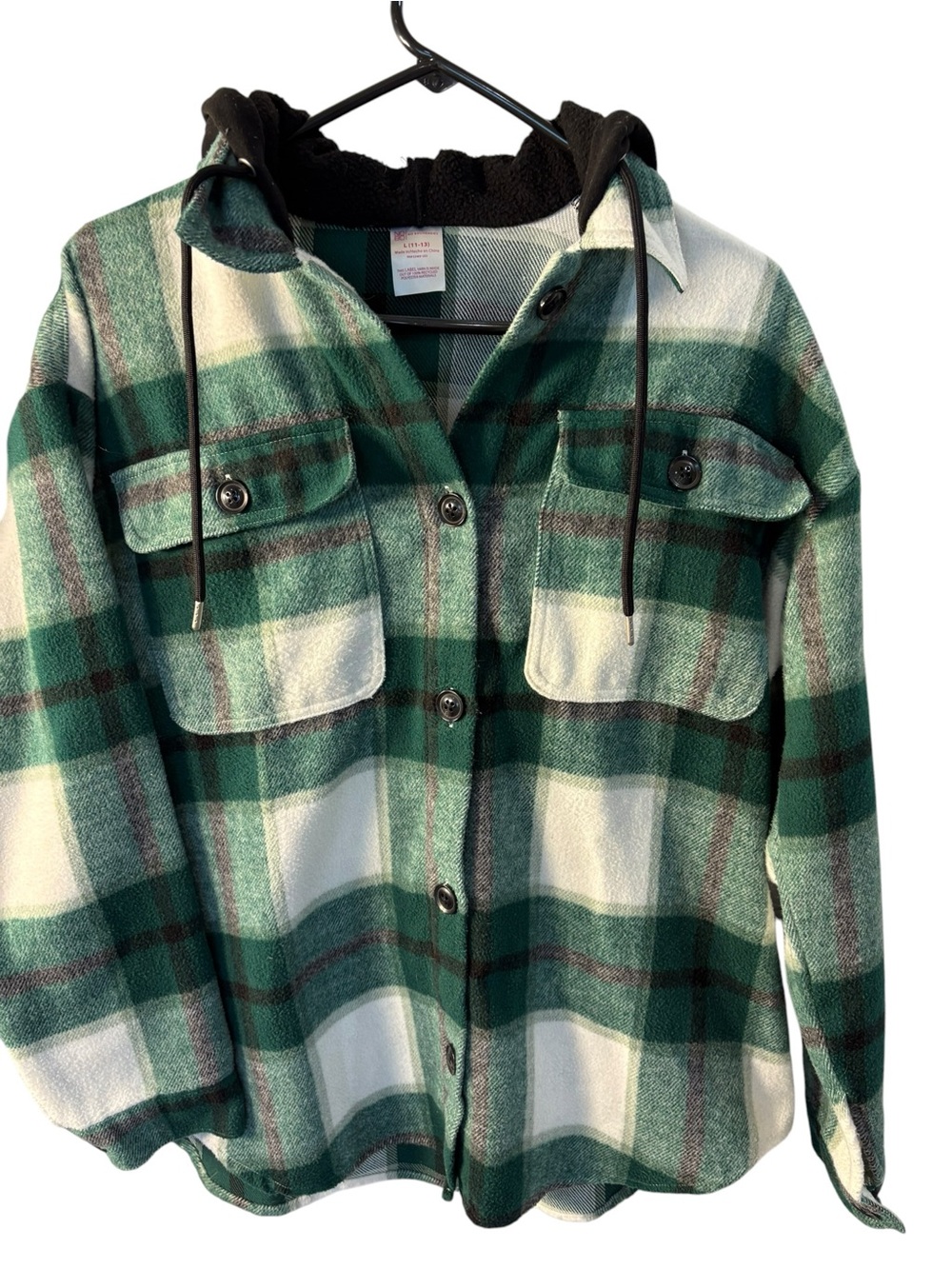 No Boundaries Teal and White Plaid Hooded Sherpa Shacket